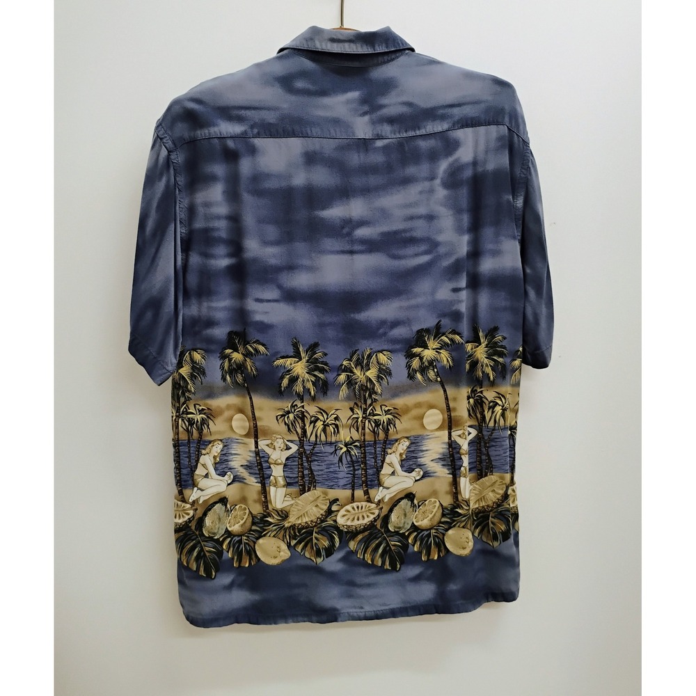 Campia Moda Men's Large Blue Hawaiian Shirt Pin Up‎ Tropical Beach Print Rayon